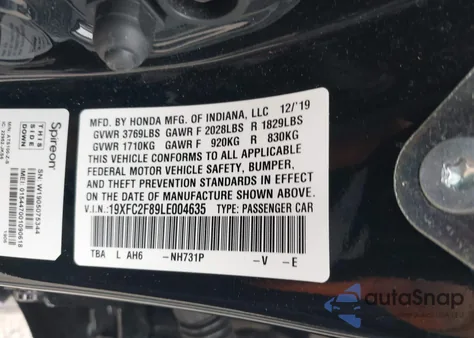 2020 Honda Civic Sport z USA, uszkodzony, nr VIN 19XFC2F89LE004635